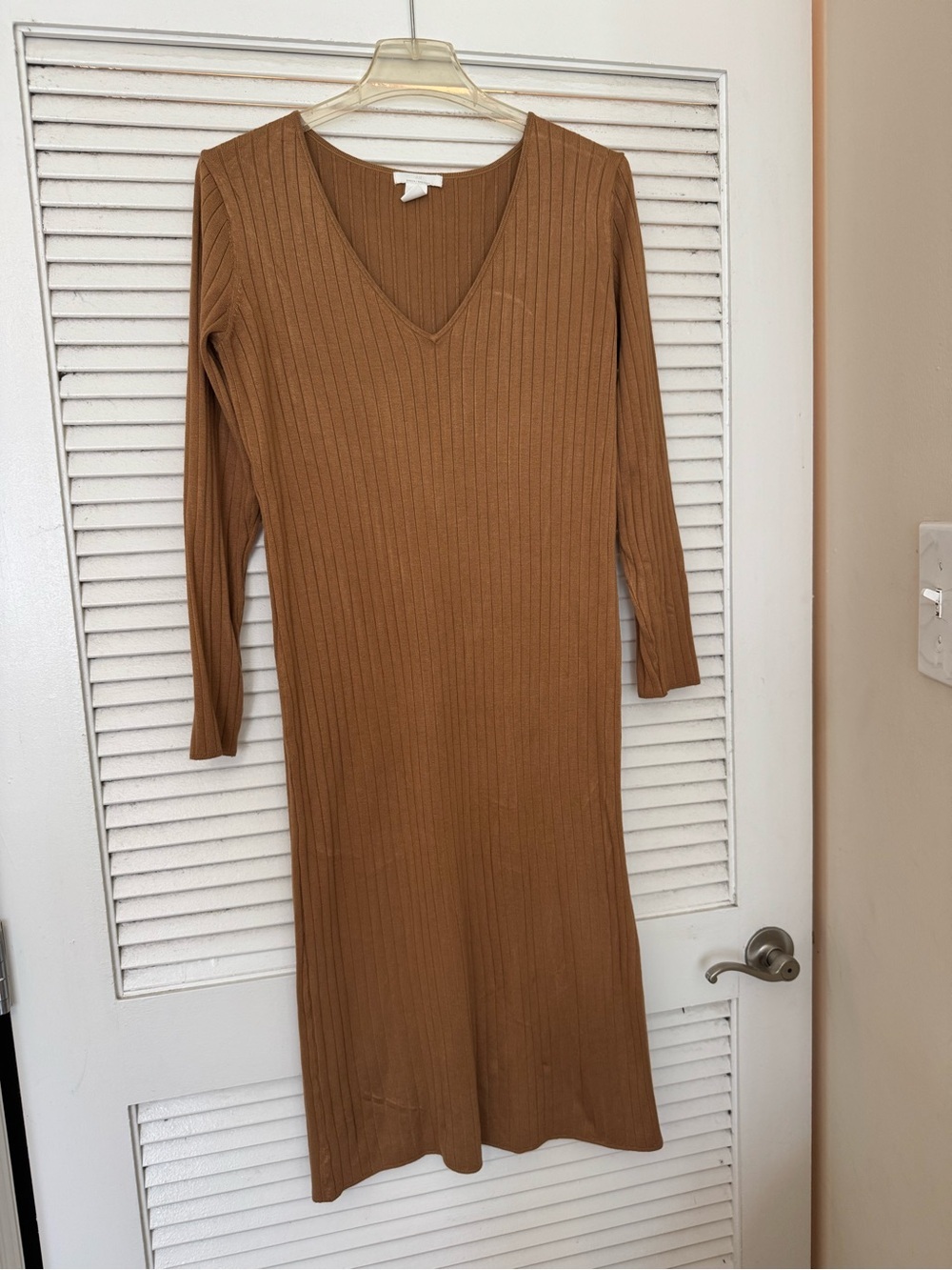 H&M Camel Ribbed V-Neck Midi Dress
